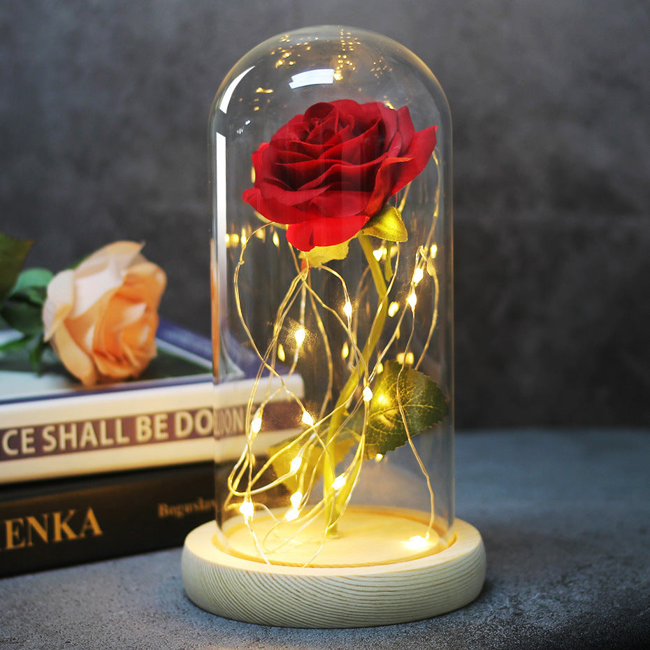 Fleur de rose éternelle enchantée dans une décoration de Noël lumineuse à LED en verre