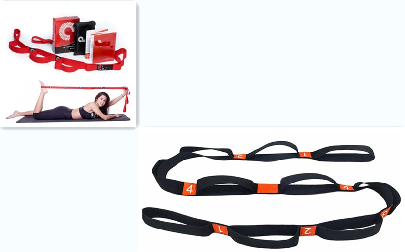 Sangle de yoga élastique avec plusieurs boucles de préhension.