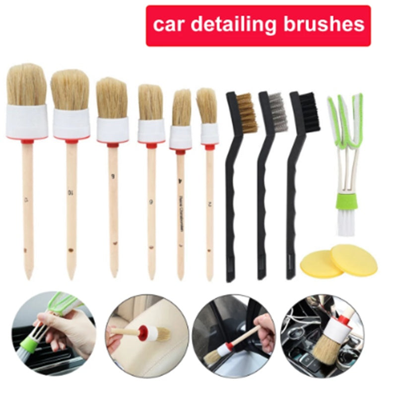 Brosse de lavage de voiture en poils de porc, brosse de nettoyage de voiture à tête ronde avec manche en bois