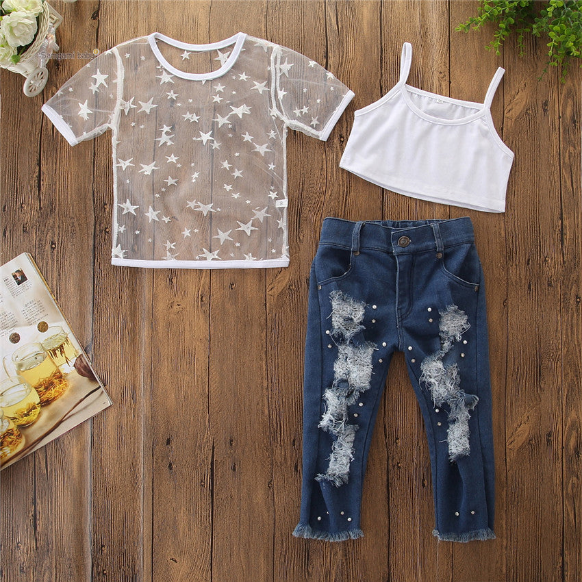 T-shirt à manches courtes pour filles, haut à trous, pantalon en Denim, jean perlé, ensemble de vêtements 2 pièces