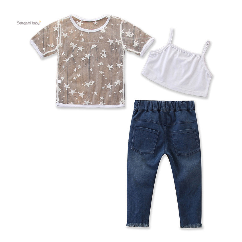 T-shirt à manches courtes pour filles, haut à trous, pantalon en Denim, jean perlé, ensemble de vêtements 2 pièces