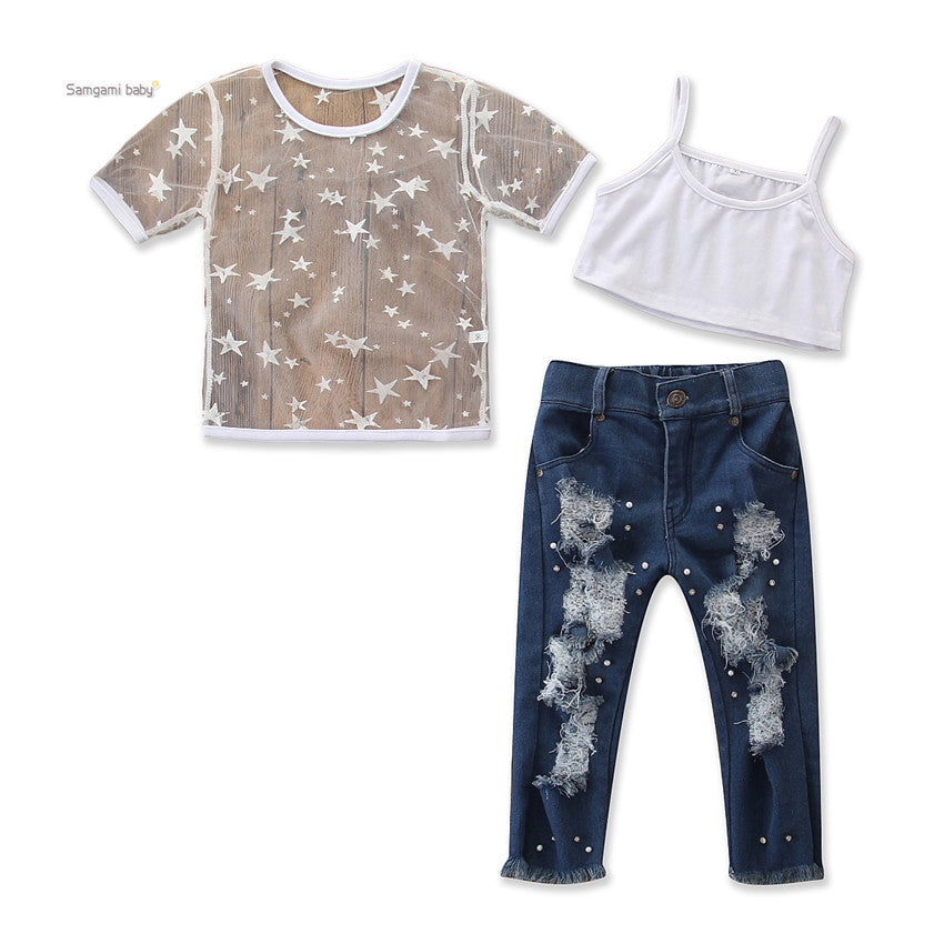 T-shirt à manches courtes pour filles, haut à trous, pantalon en Denim, jean perlé, ensemble de vêtements 2 pièces