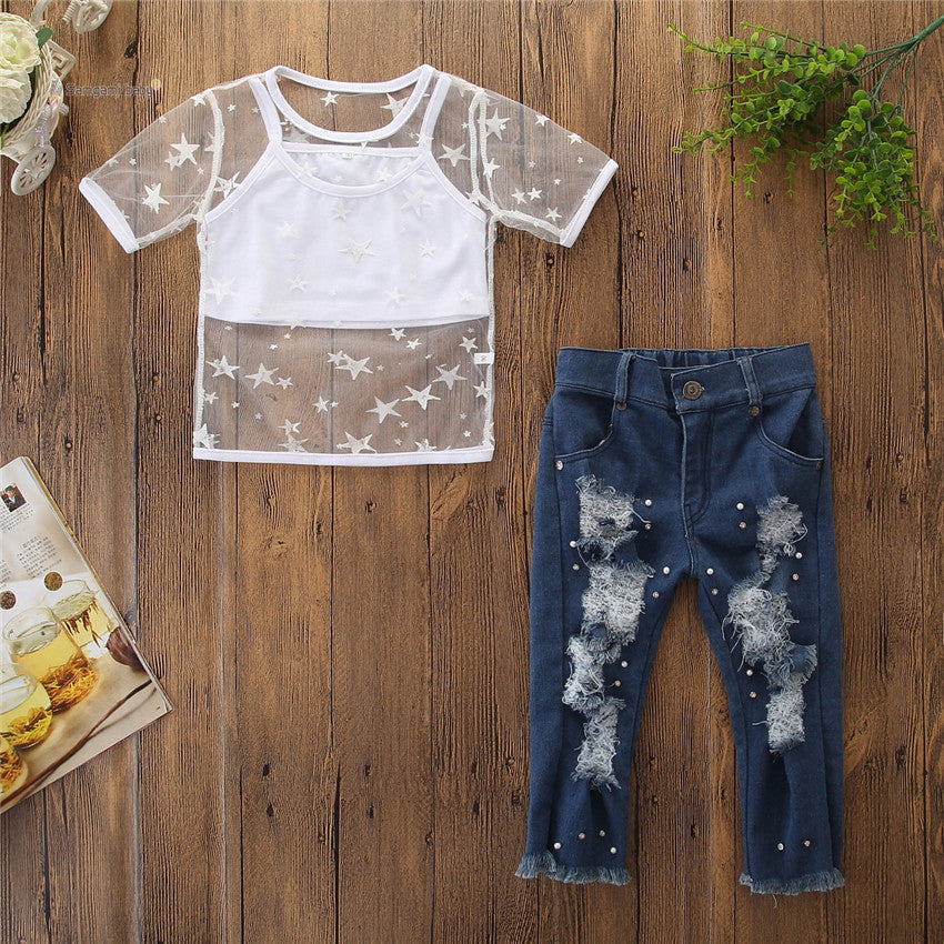 T-shirt à manches courtes pour filles, haut à trous, pantalon en Denim, jean perlé, ensemble de vêtements 2 pièces