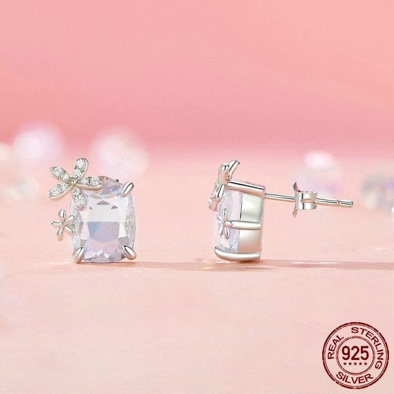Boucles d'oreilles fantaisie fleur en pierre principale pour femmes, colorées et brillantes, luxe exquis, en argent Sterling 925