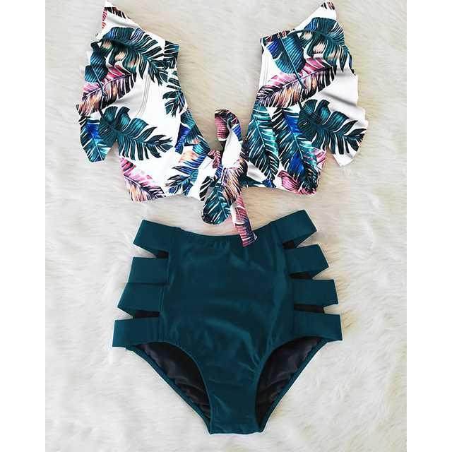 Traje de baño para mujer con cintura alta y bikini con volantes cruzados
