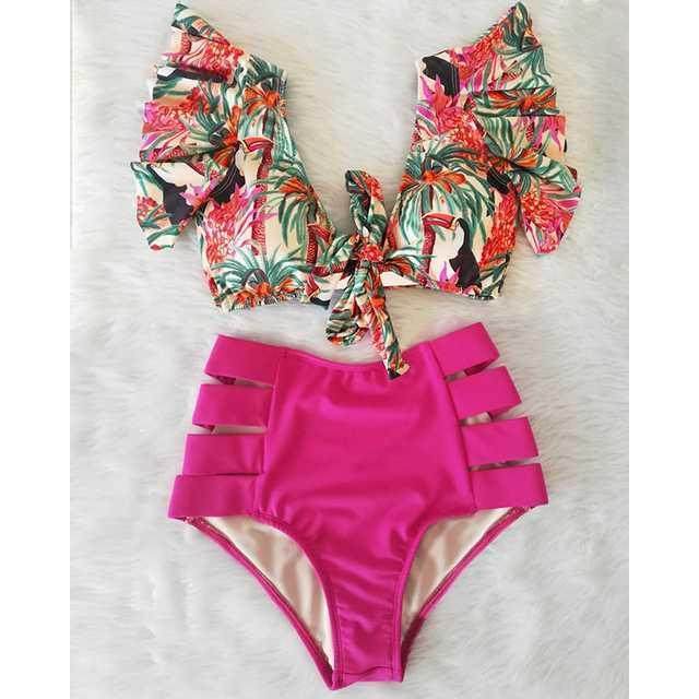 Traje de baño para mujer con cintura alta y bikini con volantes cruzados