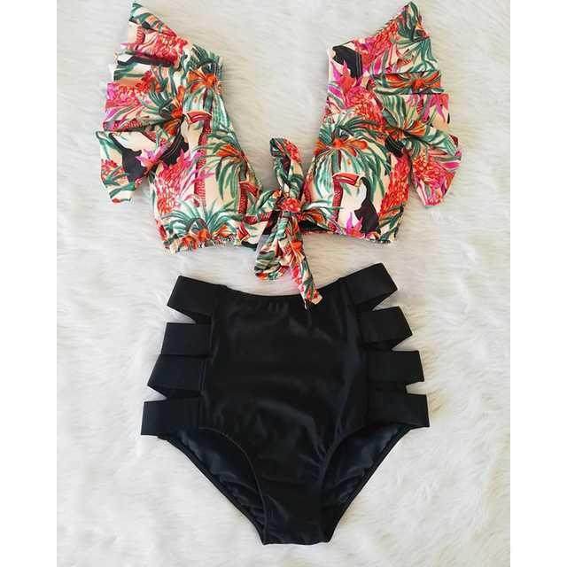 Traje de baño para mujer con cintura alta y bikini con volantes cruzados