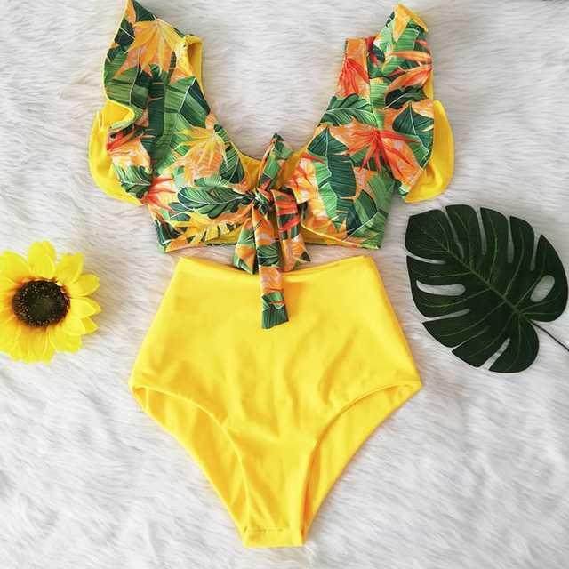 Traje de baño para mujer con cintura alta y bikini con volantes cruzados