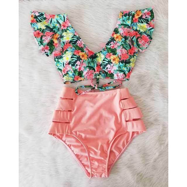 Traje de baño para mujer con cintura alta y bikini con volantes cruzados