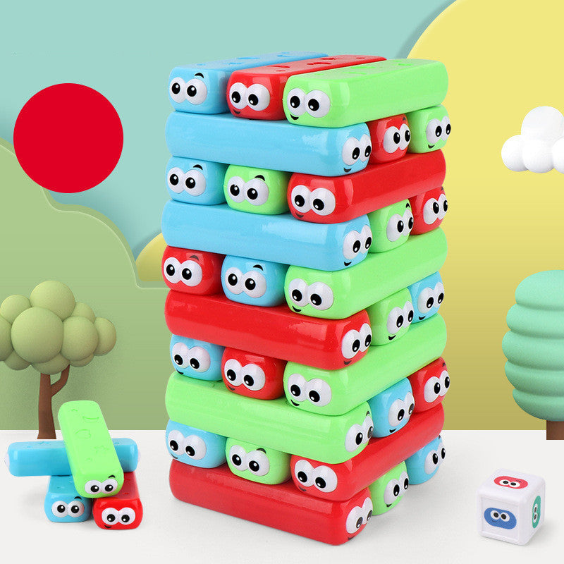 Dessinez une pile de blocs de tour, de jouets de fête de haut niveau et de jeux de société