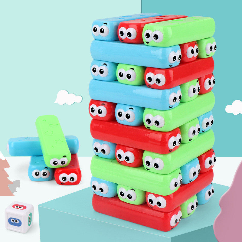 Dessinez une pile de blocs de tour, de jouets de fête de haut niveau et de jeux de société