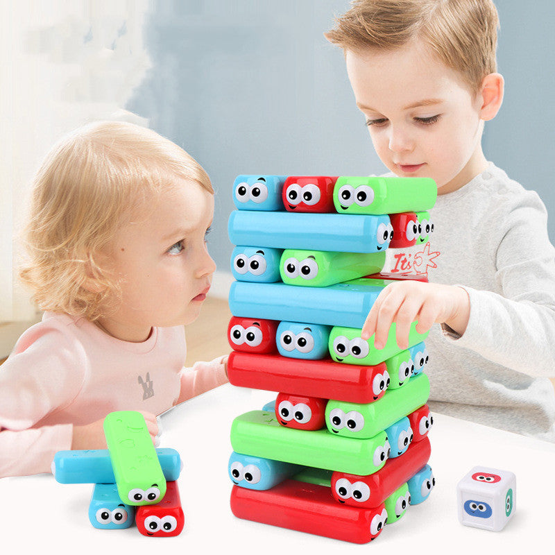 Dessinez une pile de blocs de tour, de jouets de fête de haut niveau et de jeux de société