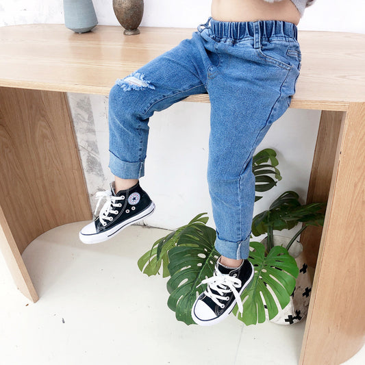 Jean déchiré pour garçon, pantalon en denim extensible à bords bruts