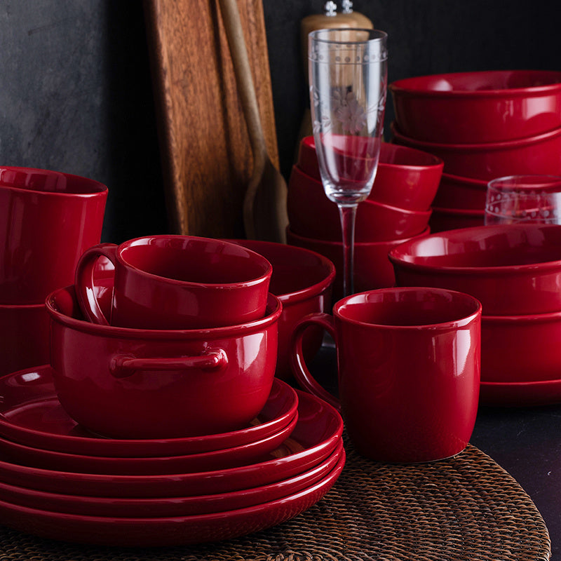 Juegos de cena de cerámica con esmalte rojo de lujo, utensilios de cocina, plato para servir ensalada de porcelana, plato, cuenco, mesa de comedor para restaurante, decoración del hogar