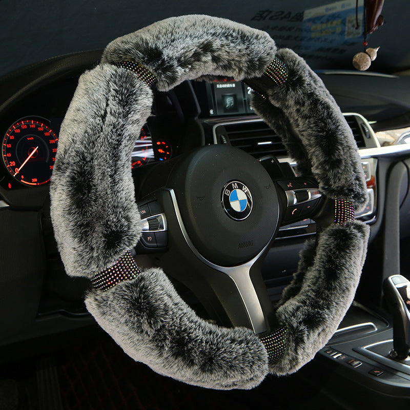 Protector para volante de coche, protector de felpa para volante de invierno, moda coreana con diamantes, bonita funda con mango, accesorios para coche