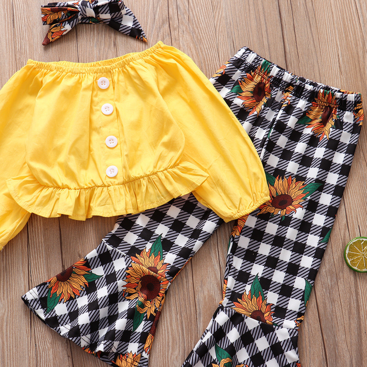 Comercio exterior, ropa para niños, venta al por mayor, otoño, nuevo estilo, blusa amarilla de manga larga, pantalones a cuadros con flores y sol, traje para niña, conjunto de 3 piezas