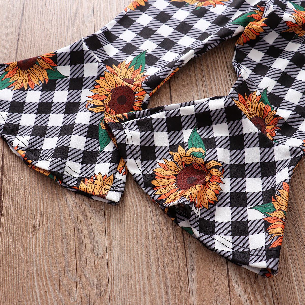 Comercio exterior, ropa para niños, venta al por mayor, otoño, nuevo estilo, blusa amarilla de manga larga, pantalones a cuadros con flores y sol, traje para niña, conjunto de 3 piezas