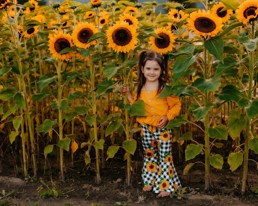 Comercio exterior, ropa para niños, venta al por mayor, otoño, nuevo estilo, blusa amarilla de manga larga, pantalones a cuadros con flores y sol, traje para niña, conjunto de 3 piezas