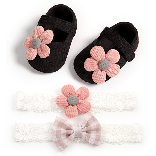 Chaussures pour tout-petits à semelles souples, chaussures pour bébé, chaussures de princesse, bandeau et couvre-chef pour bébé, ensemble 2 pièces
