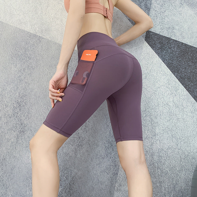 Pantalones medios de movimiento cinco puntos pantalones de Fitness melocotón elevación de cadera elasticidad apretado Yoga secado rápido cintura alta pantalones cortos para correr