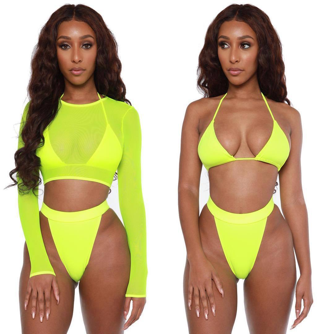 Traje de baño de Bikini verde neón de 3 piezas, traje de baño Sexy de manga larga para mujer, conjunto de Bikini de cintura alta, traje de baño de corte alto