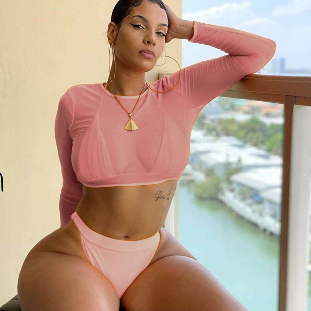 Traje de baño de Bikini verde neón de 3 piezas, traje de baño Sexy de manga larga para mujer, conjunto de Bikini de cintura alta, traje de baño de corte alto