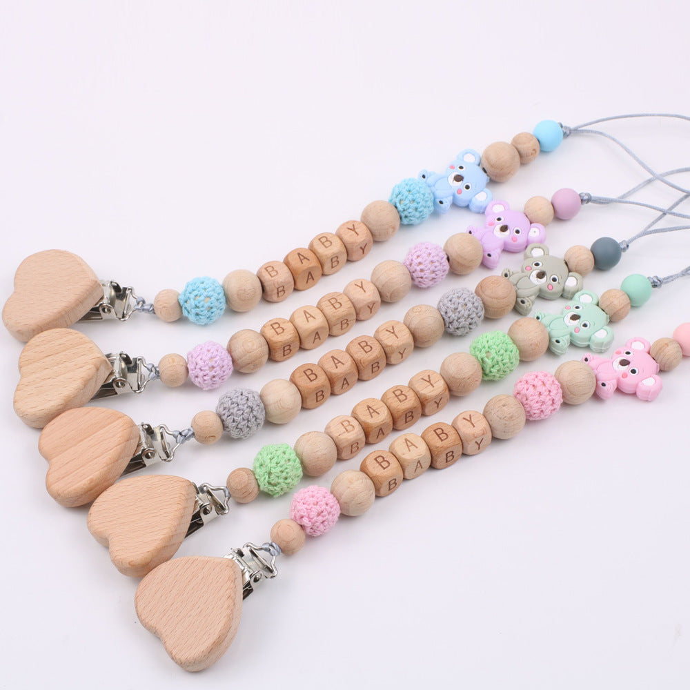 Productos para bebés, clip de cadena para la boca de madera de haya relajante