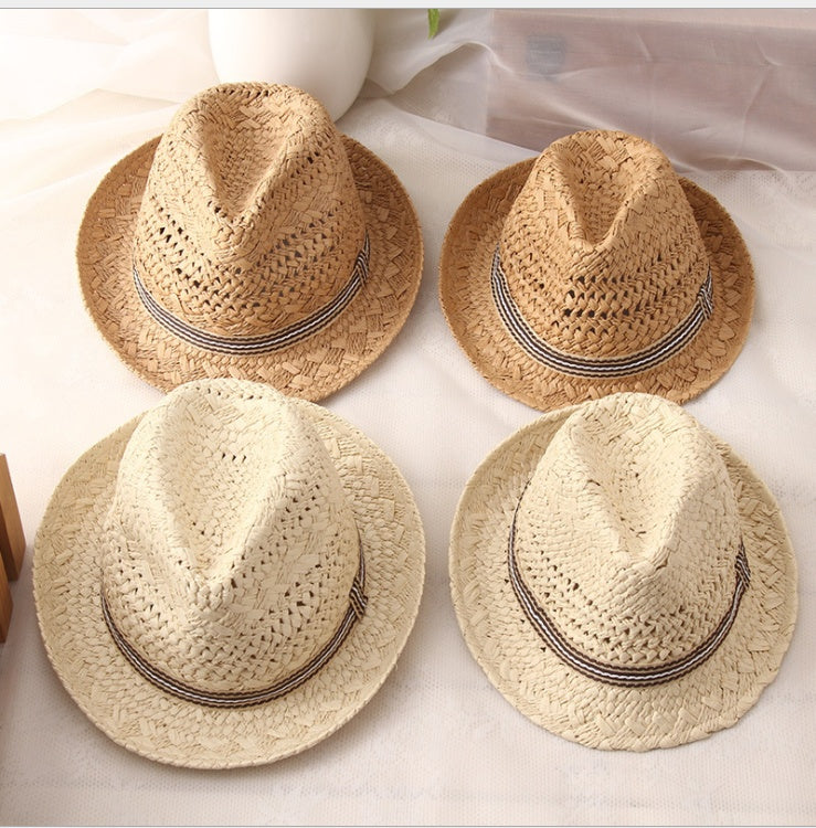 Chapeau de paille Parent-enfant respirant Jazz chapeau marée britannique chapeau haut-de-forme été hommes Panama chapeau enfants plage soleil