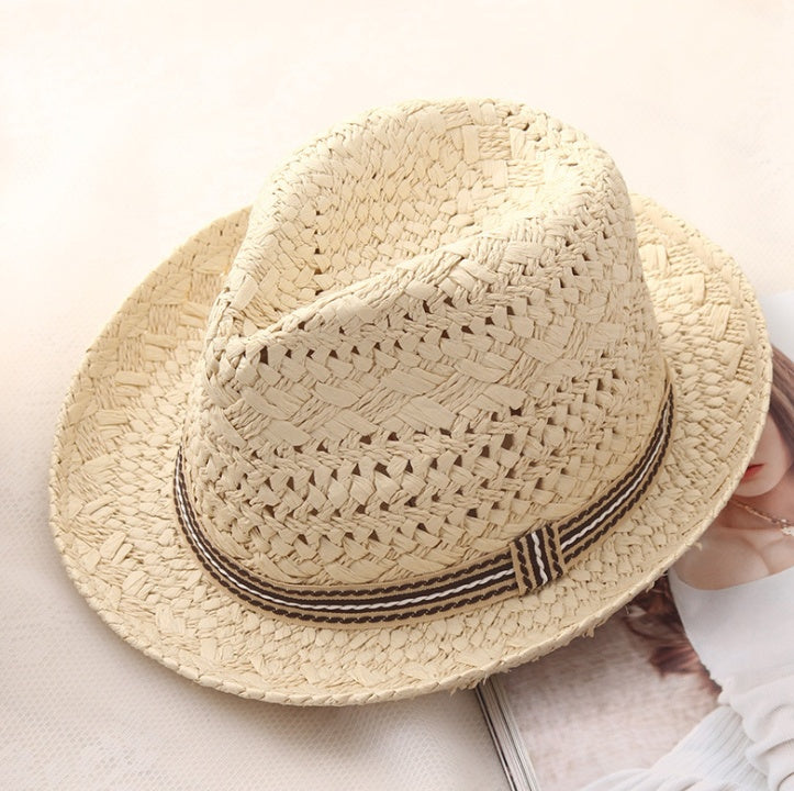 Chapeau de paille Parent-enfant respirant Jazz chapeau marée britannique chapeau haut-de-forme été hommes Panama chapeau enfants plage soleil
