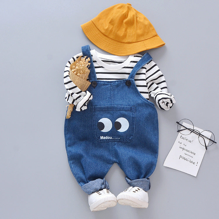 Salopette rayée grands yeux, chemise, T-shirt, costume pour enfants