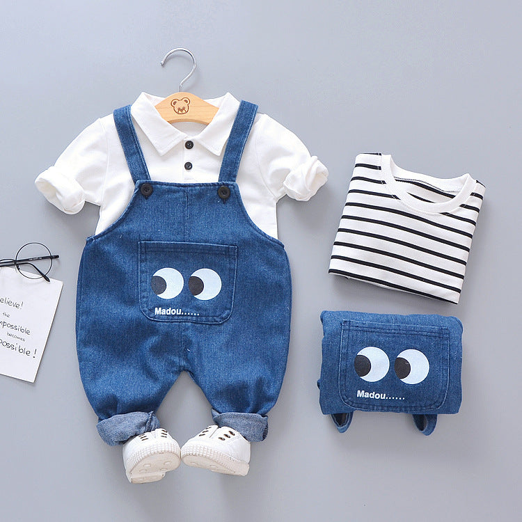 Salopette rayée grands yeux, chemise, T-shirt, costume pour enfants