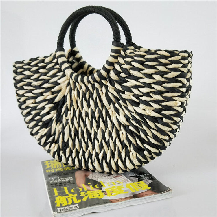 Sac à main en rotin et osier pour femmes, sac demi-rond tissé de grande capacité, fourre-tout de voyage décontracté, à la mode