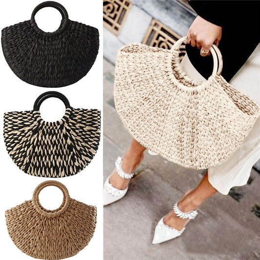 Sac à main en rotin et osier pour femmes, sac demi-rond tissé de grande capacité, fourre-tout de voyage décontracté, à la mode