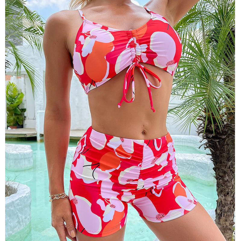 Short imprimé avec cordon de serrage, bikini taille haute, maillot de bain