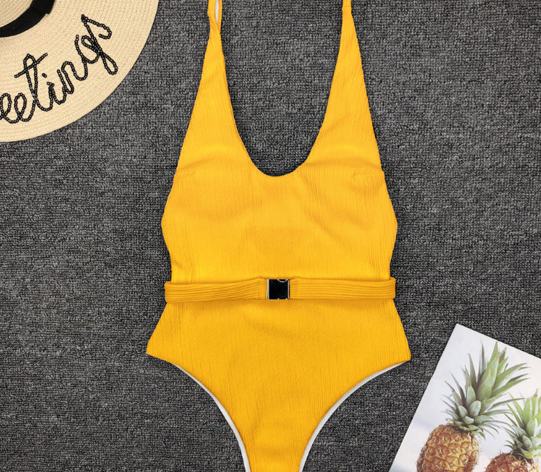 Maillot de bain une pièce pour femmes, couleur unie européenne et américaine, tissu spécial, boucle de ceinture, Bikini une pièce