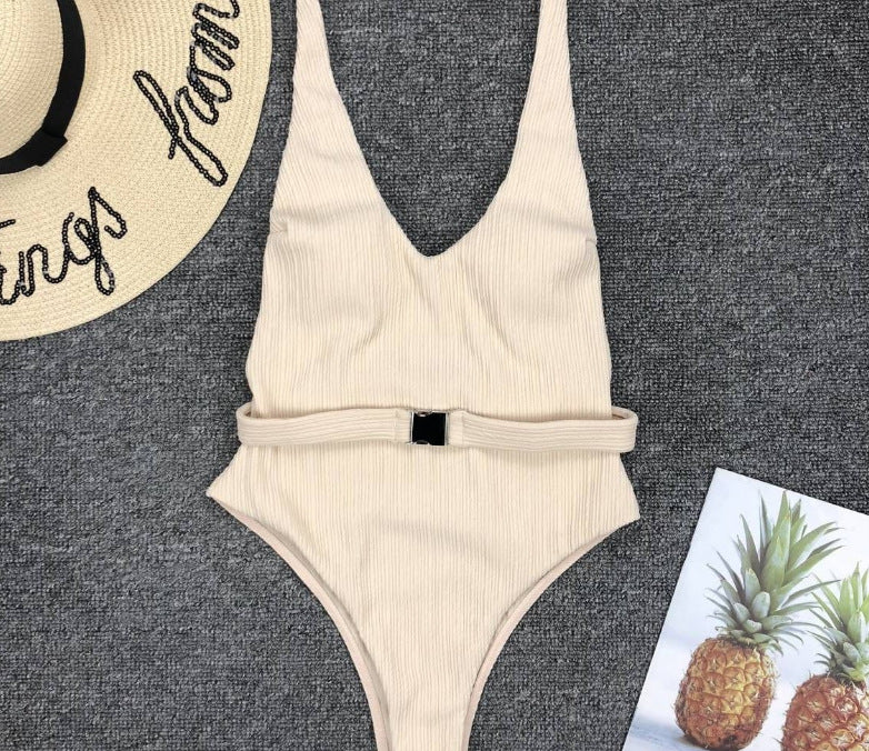 Maillot de bain une pièce pour femmes, couleur unie européenne et américaine, tissu spécial, boucle de ceinture, Bikini une pièce