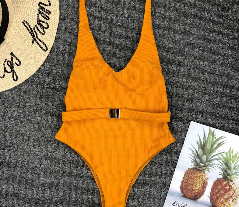 Maillot de bain une pièce pour femmes, couleur unie européenne et américaine, tissu spécial, boucle de ceinture, Bikini une pièce