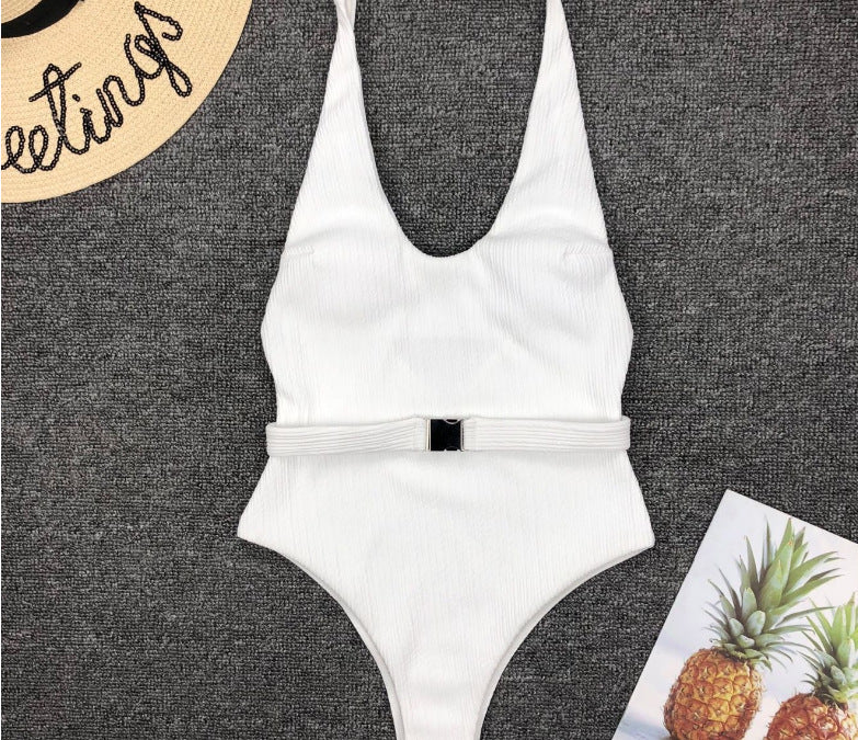 Maillot de bain une pièce pour femmes, couleur unie européenne et américaine, tissu spécial, boucle de ceinture, Bikini une pièce
