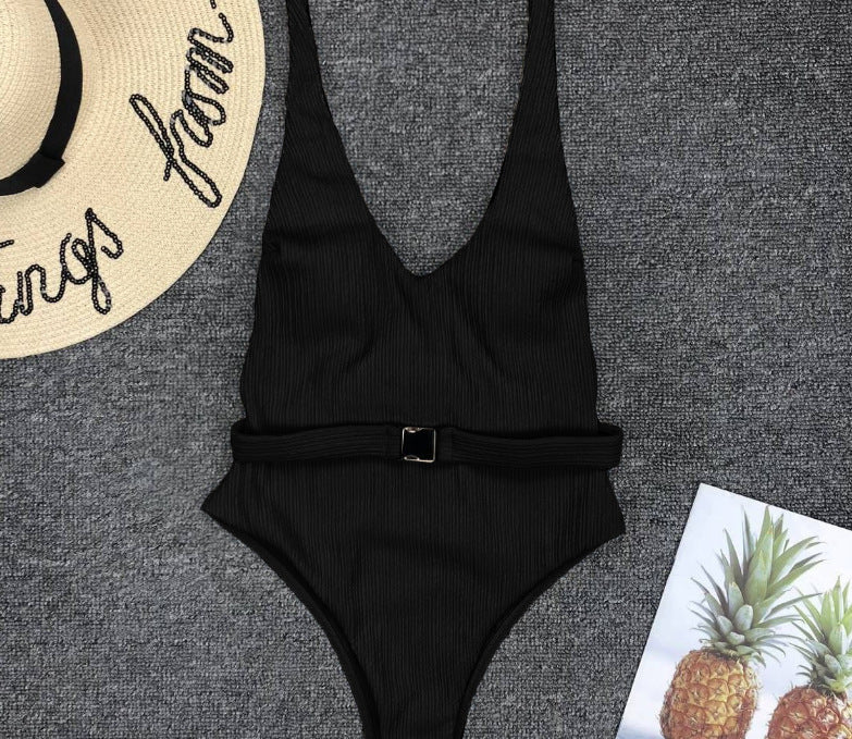 Maillot de bain une pièce pour femmes, couleur unie européenne et américaine, tissu spécial, boucle de ceinture, Bikini une pièce