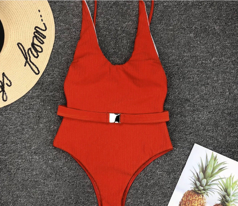 Maillot de bain une pièce pour femmes, couleur unie européenne et américaine, tissu spécial, boucle de ceinture, Bikini une pièce