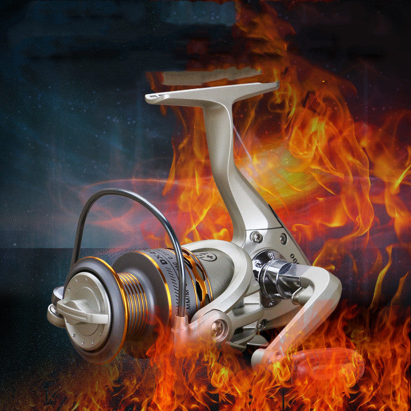 Carrete de pesca con cabeza de metal, carrete de pesca, mango de metal