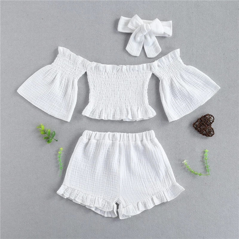 Costume d'été pour filles, une épaule pliable, manches évasées, short trois pièces
