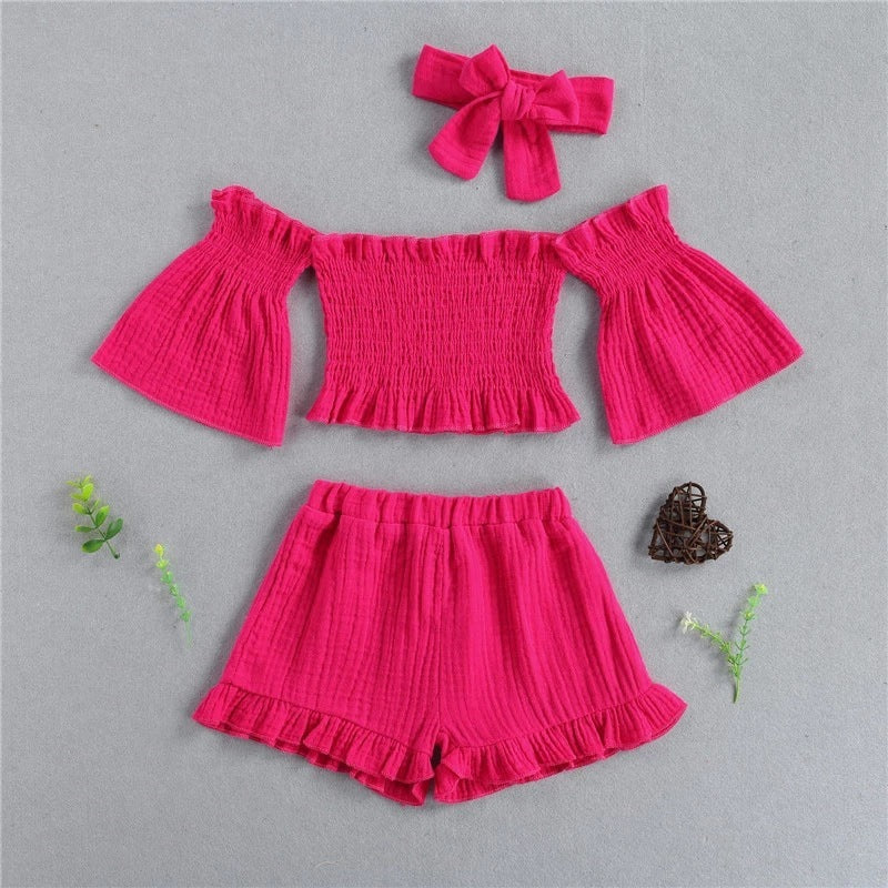 Costume d'été pour filles, une épaule pliable, manches évasées, short trois pièces
