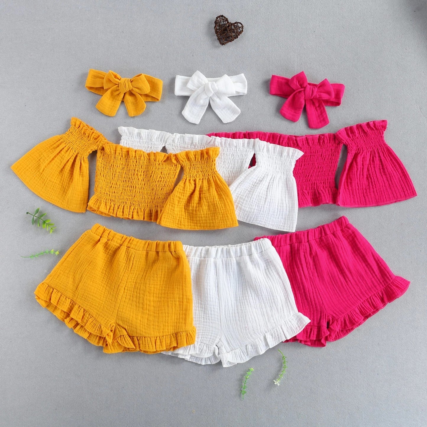Costume d'été pour filles, une épaule pliable, manches évasées, short trois pièces