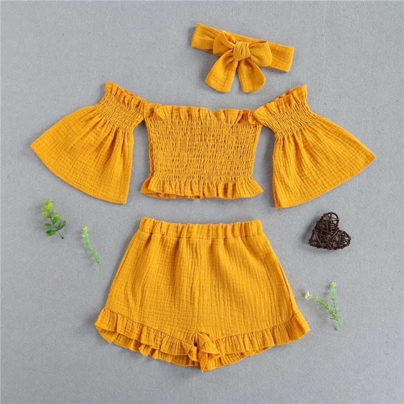 Costume d'été pour filles, une épaule pliable, manches évasées, short trois pièces
