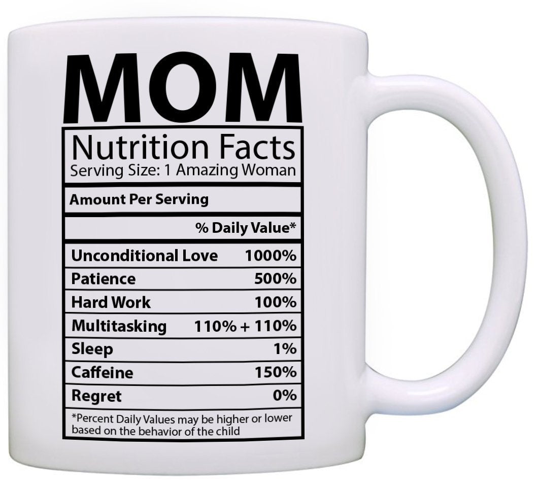 Taza de café de cerámica con etiqueta nutricional del Día de la Madre