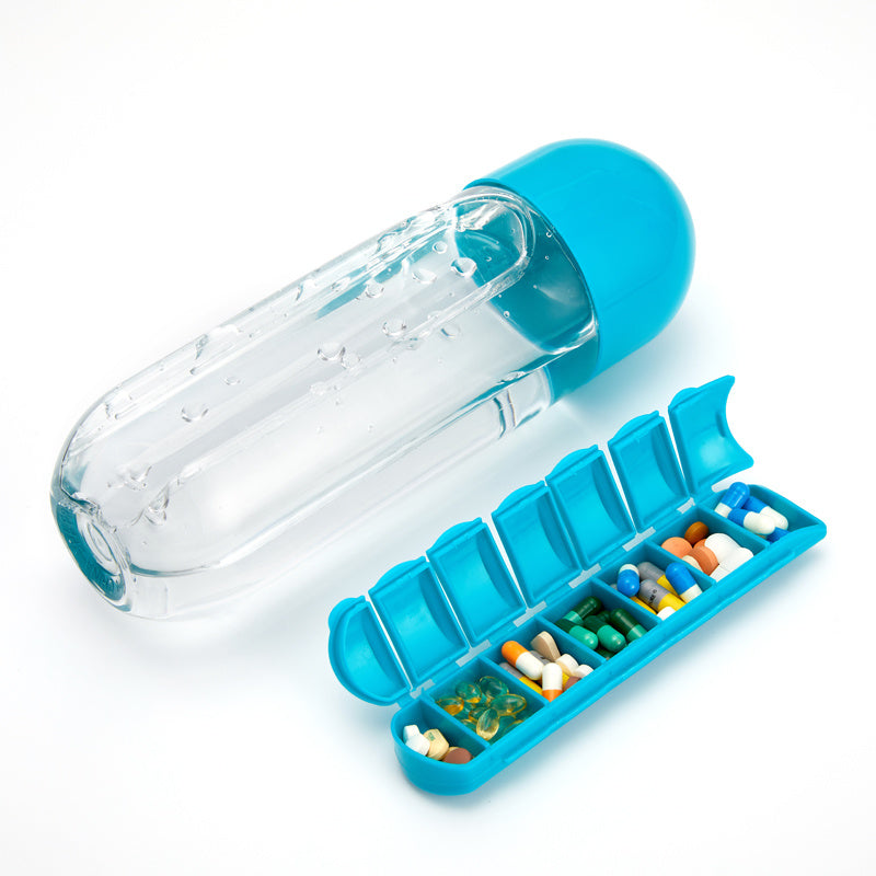 Bouteille d'eau avec pilulier, bouteille de boisson en plastique avec boîte à pilules médicinales, voyage 7 jours, organisateur de médicaments, conteneur de boisson