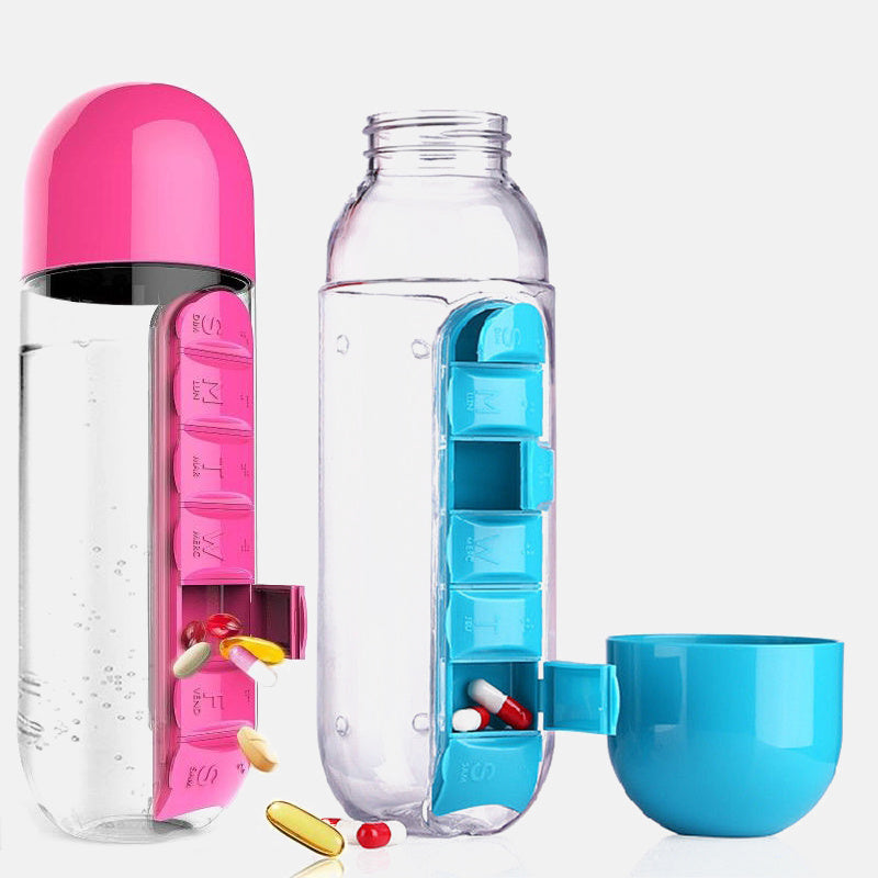 Bouteille d'eau avec pilulier, bouteille de boisson en plastique avec boîte à pilules médicinales, voyage 7 jours, organisateur de médicaments, conteneur de boisson