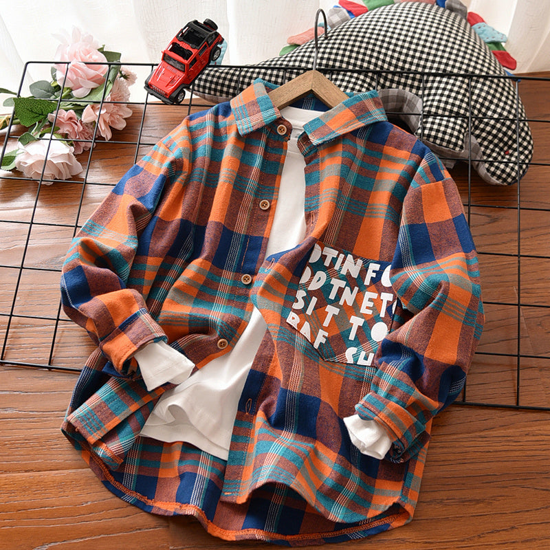 Chemise à manches longues en coton imprimé pour enfants, haut à revers à carreaux