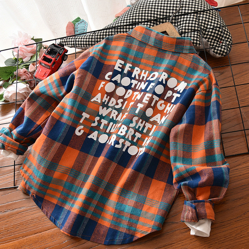 Chemise à manches longues en coton imprimé pour enfants, haut à revers à carreaux